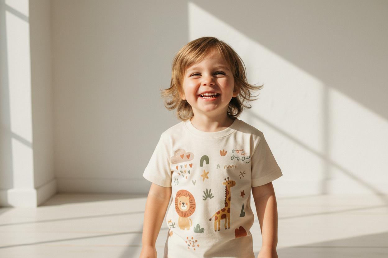 Happy child wearing cream organic cotton t-shirt with playful hand-drawn doodle illustrations, natural sunlight, minimal white background, editorial kids fashion photography, joyful expression, warm natural tones